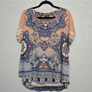 World Unity Womens Geometric Short Sleeve Flutter T-Shirt Size 1X Boho Artsy